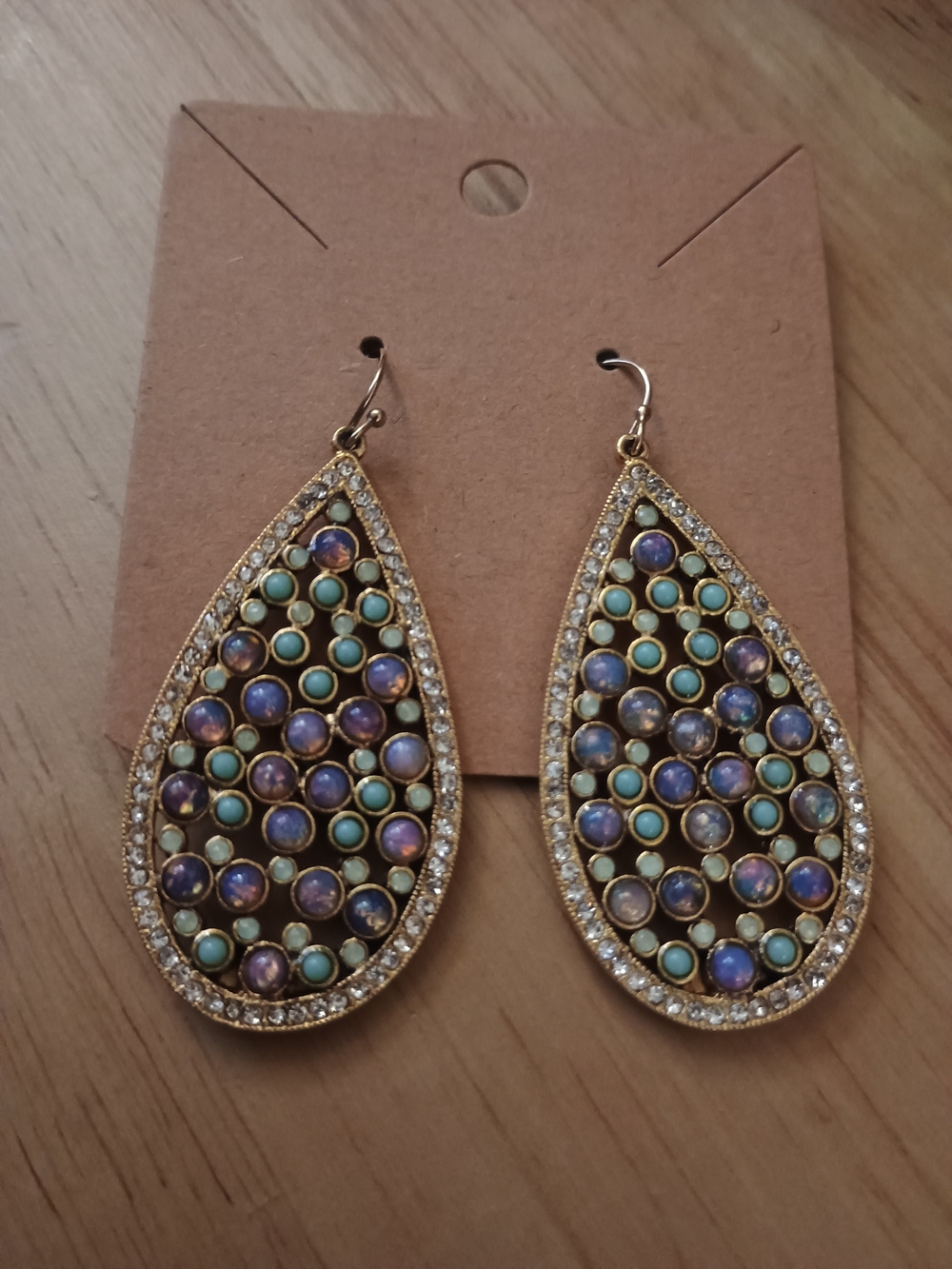 Gold Teardrop Earrings with Purple and Turquoise Stones - Women Jewelry